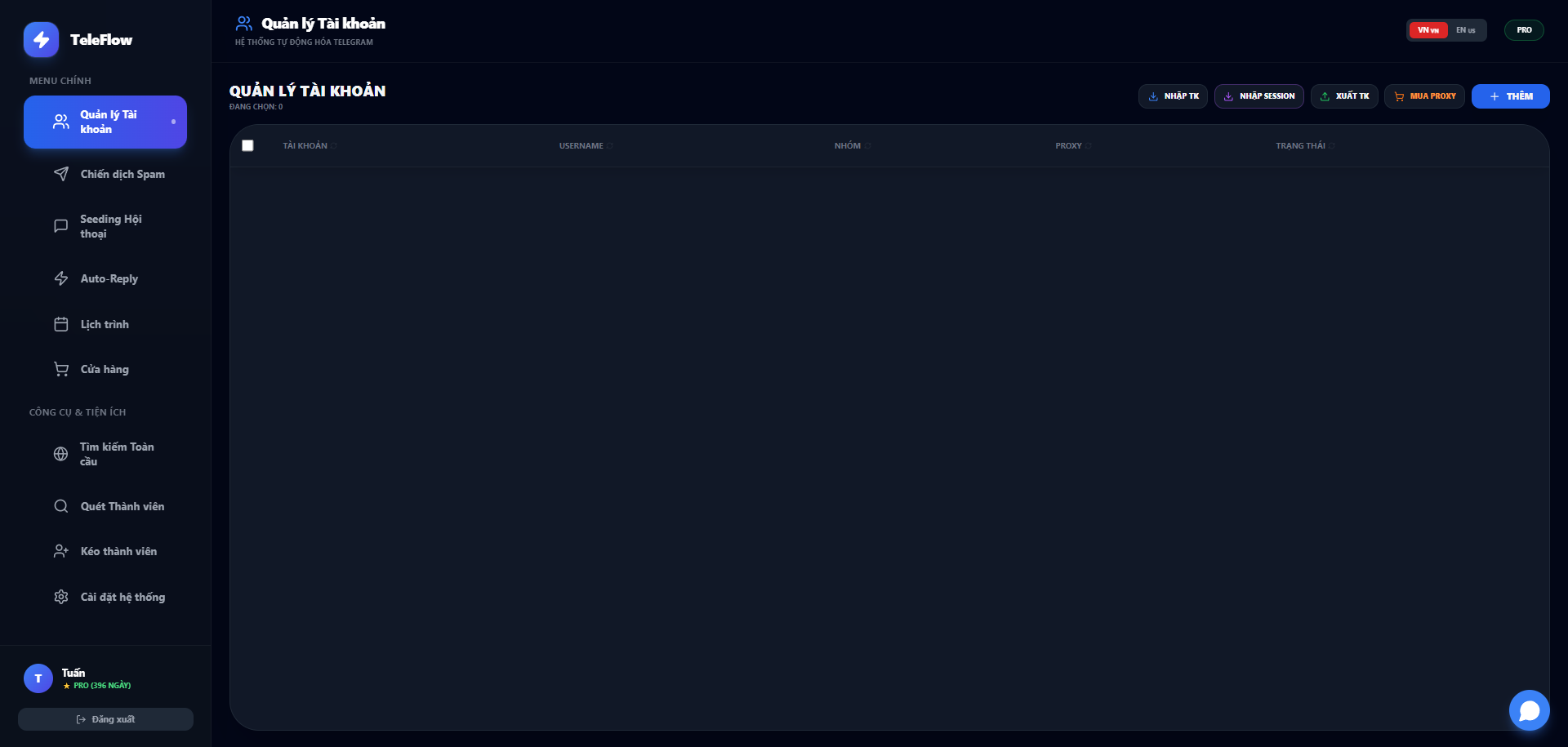TeleFlow Pro Giao Diện Phần Mềm Marketing Telegram
